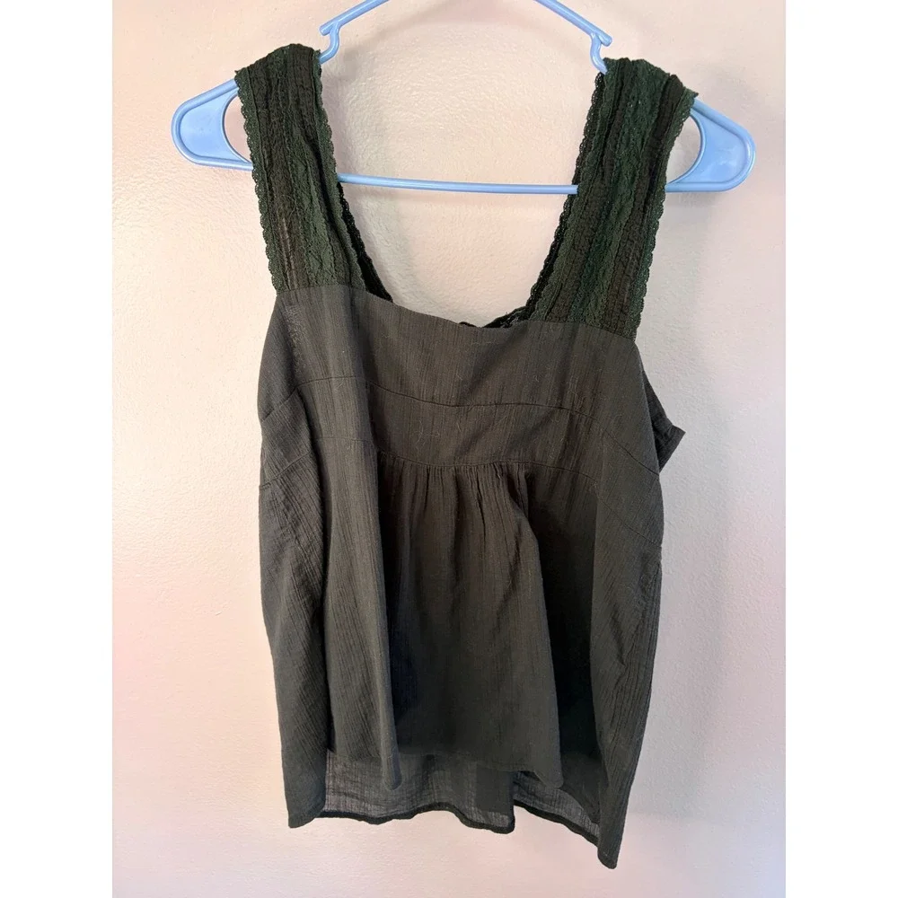 Y2K Babydoll Tank Top Lace Trim Black Cottagecore Boho Womens Small Gauze Flowy - Picture 3 of 6